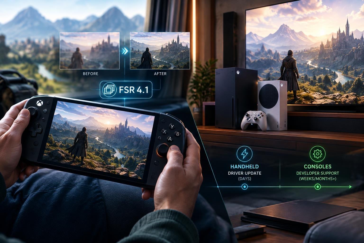 AI image: Xbox’s FSR 4.1 Upgrade Has Two Very Different Timelines